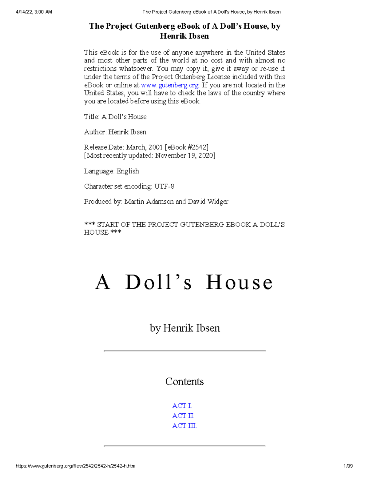 a dolls house henrik ibsen - The Project Gutenberg eBook of A Doll’s ...