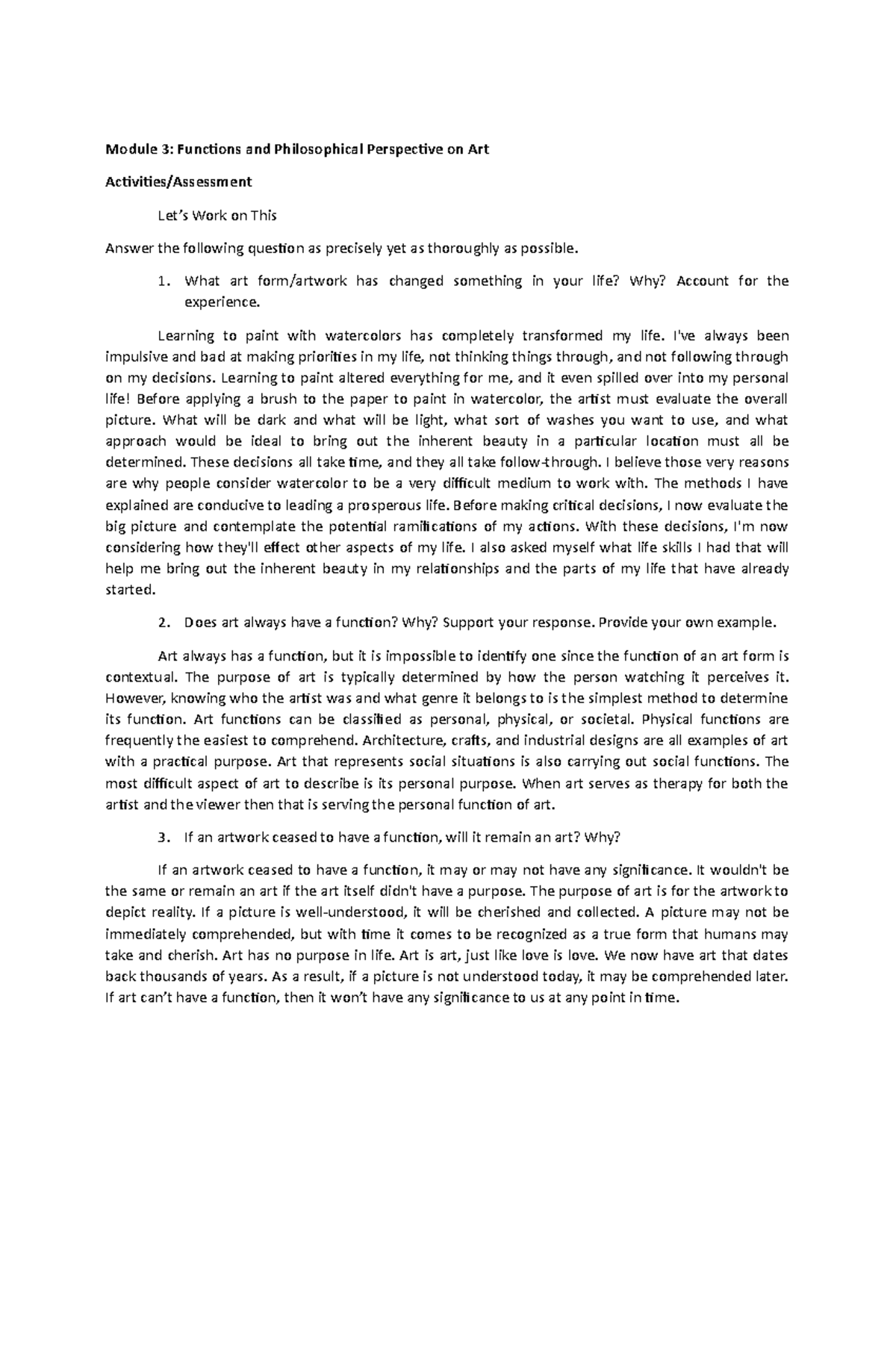 Art app Module 3 - Module 3: Functions and Philosophical Perspective on ...
