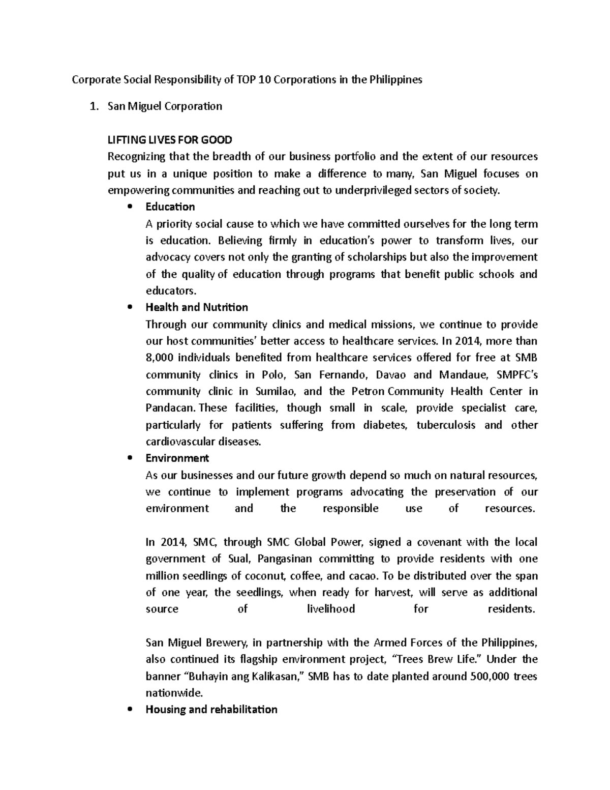 Corporate Social Responsibility Of Top 10 Corporations In The Philippines Corporate Social Responsibility Of Top 10 Corporations In The Philippines Studocu