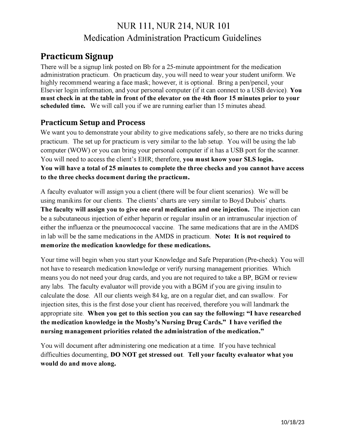 ADN-PN-Practicum Guidelines-FA23 - NUR 111, NUR 214, NUR 101 Medication ...