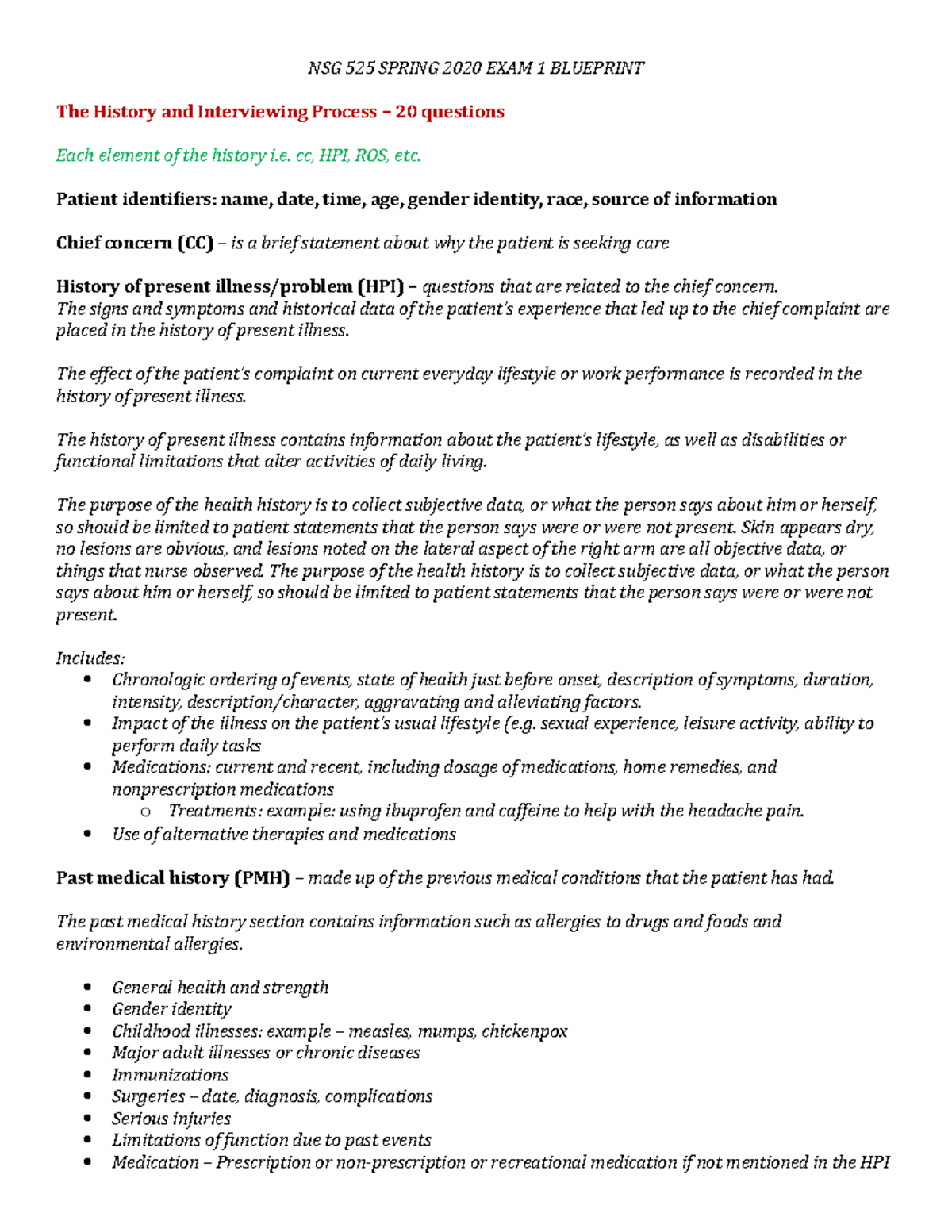 Spring 2020 Practice Layout EXAM 1 Blueprint - NSG 525 SPRING 2020 EXAM ...