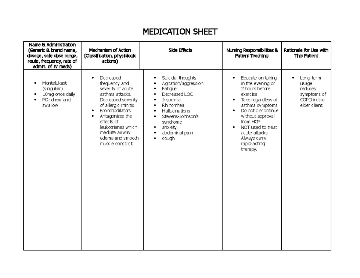 Medication Sheet Montekulast NUR 113 Gadsden State Studocu