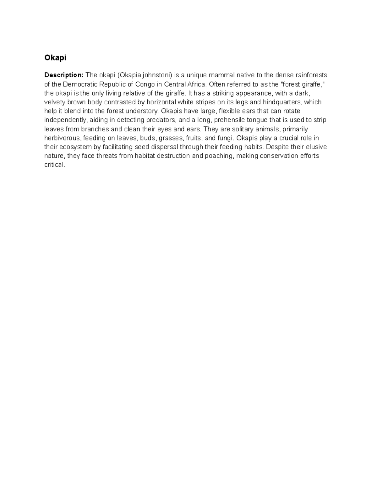 Okapi - test - Okapi Description: The okapi (Okapia johnstoni) is a ...
