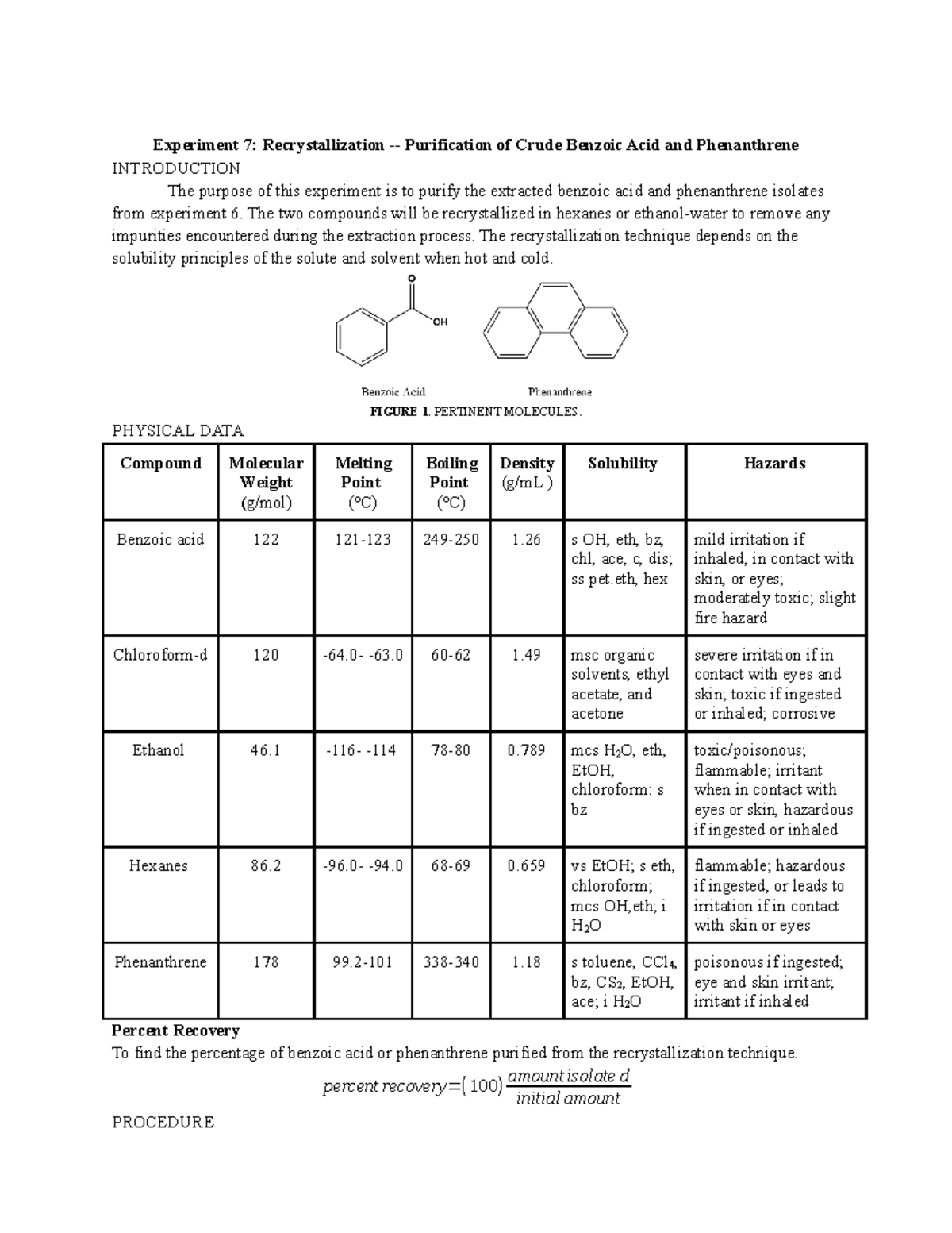 Experiment 7 Recrystallization - Purification of Crude Benzoic Acid and ...