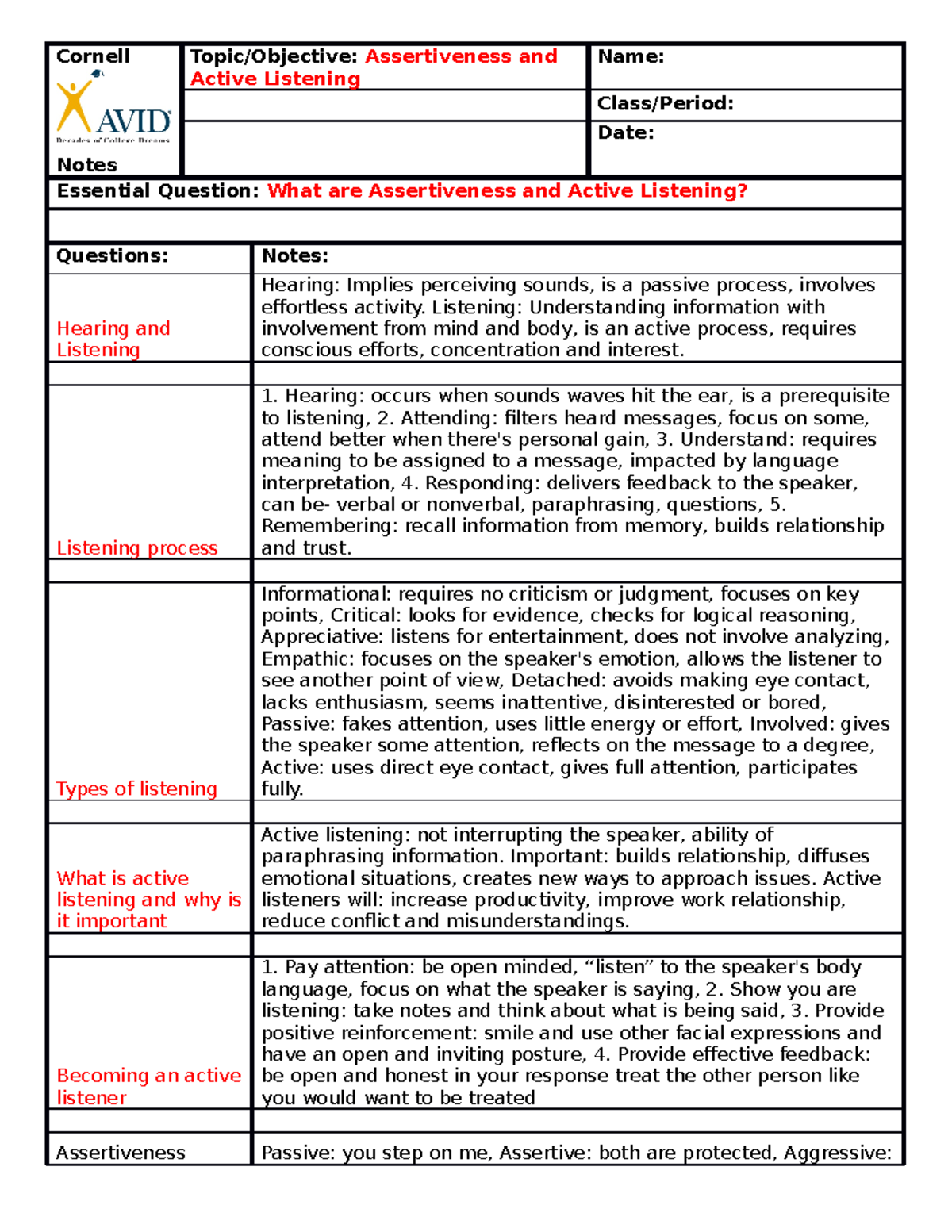 Cornell Notes Gust - Cornell Notes Topic/Objective: Assertiveness and ...