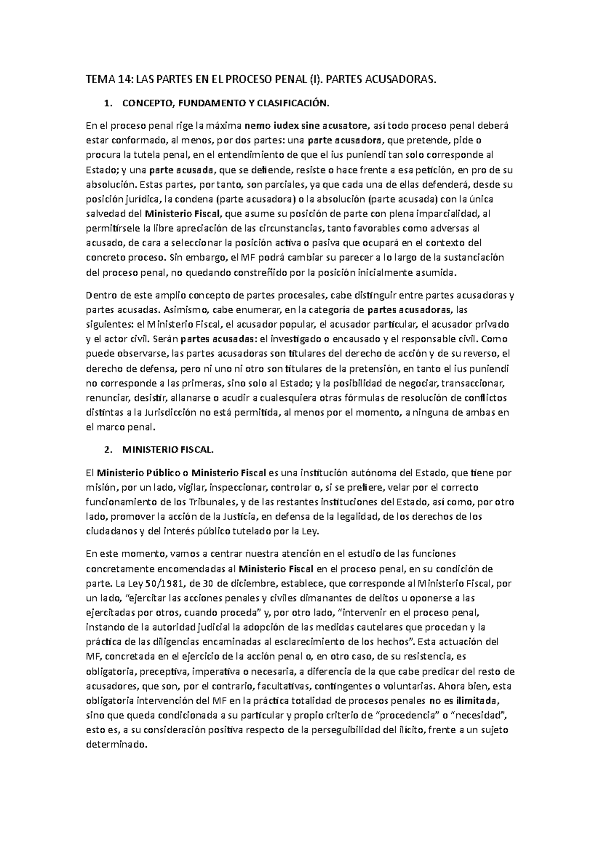 RESUMEN TEMA 14 - TEMA 14: LAS PARTES EN EL PROCESO PENAL (I). PARTES ...