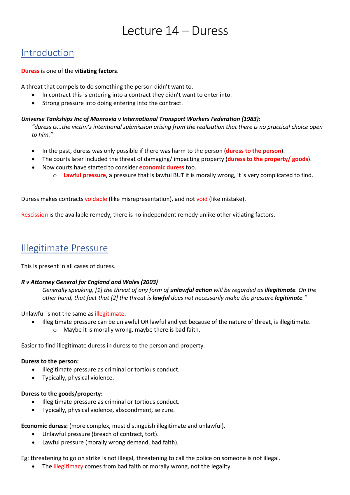 Duress Law Lecture Notes - Lecture 14 – Duress Introduction Duress Is ...