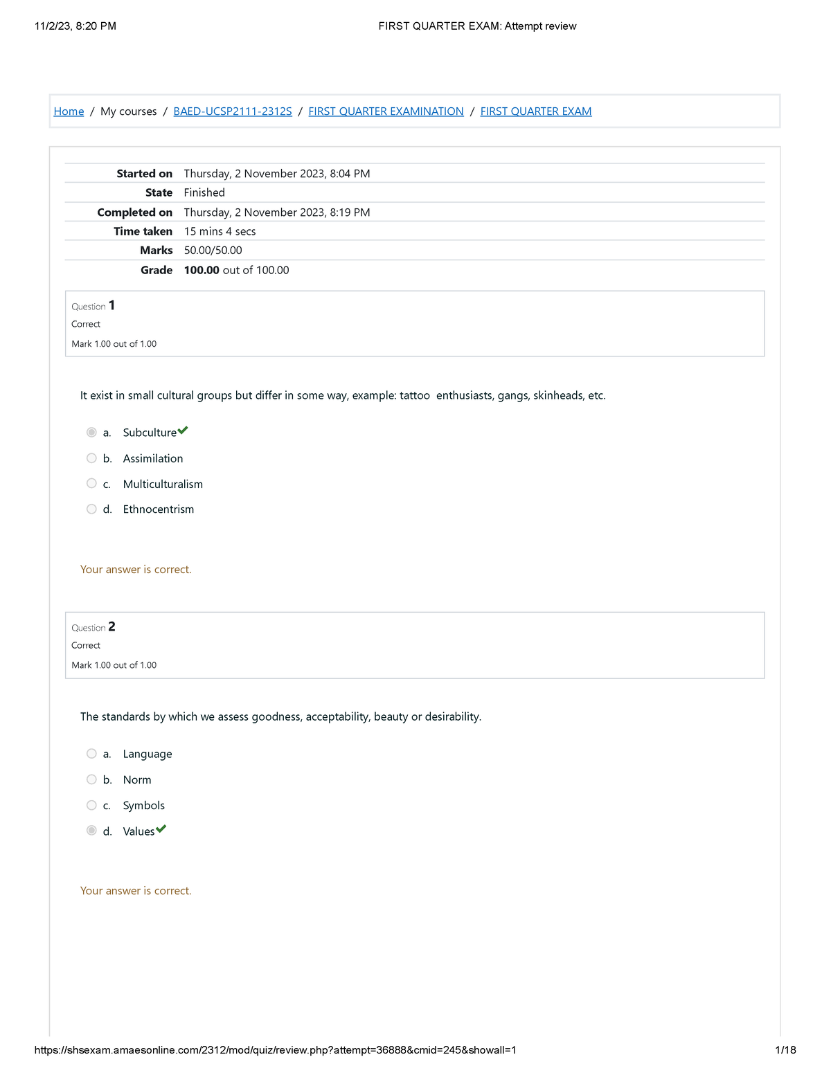 UCSP - 1st QR EXAM - Home / My Courses / BAED-UCSP2111-2312S / FIRST ...