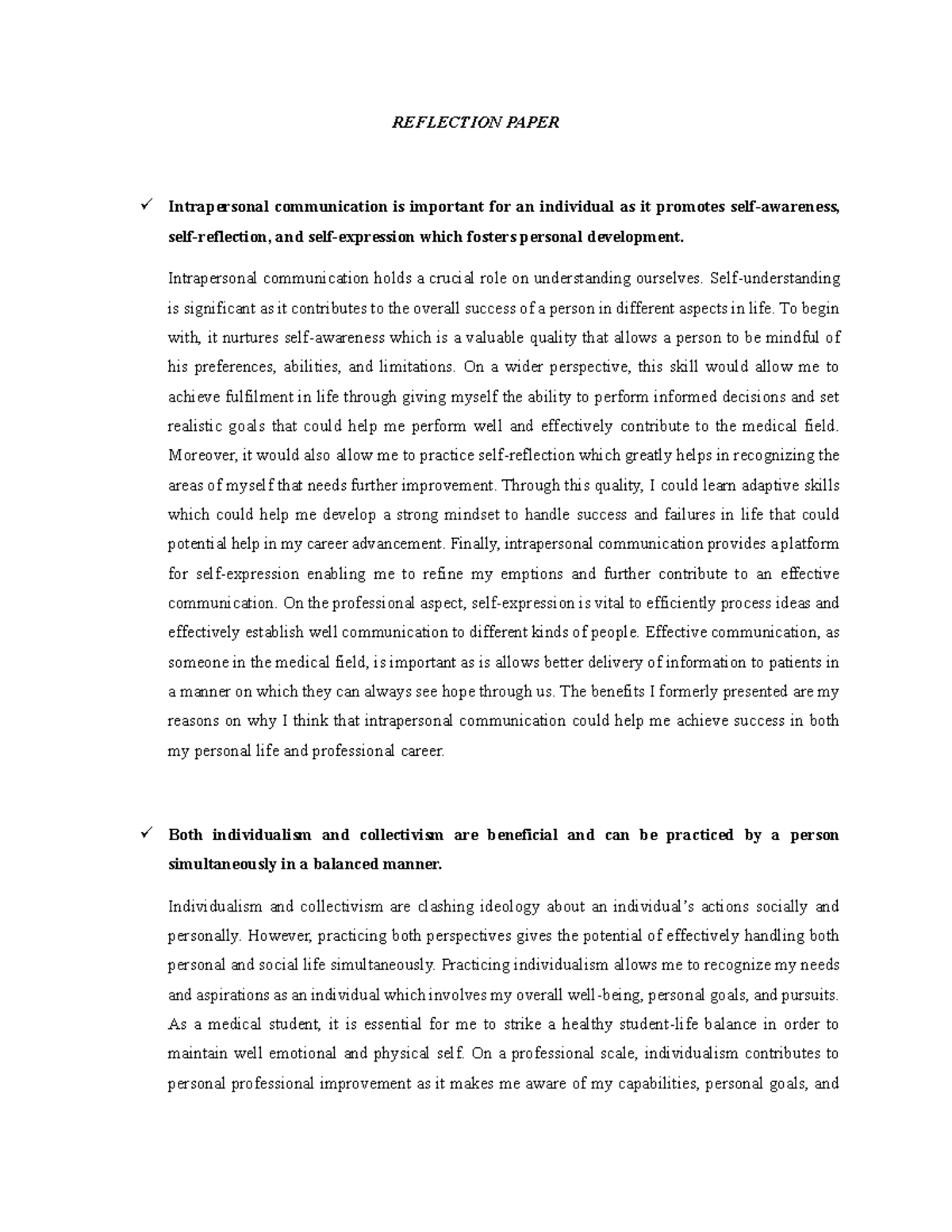 Reflection Paper - REFLECTION PAPER Intrapersonal communication is ...