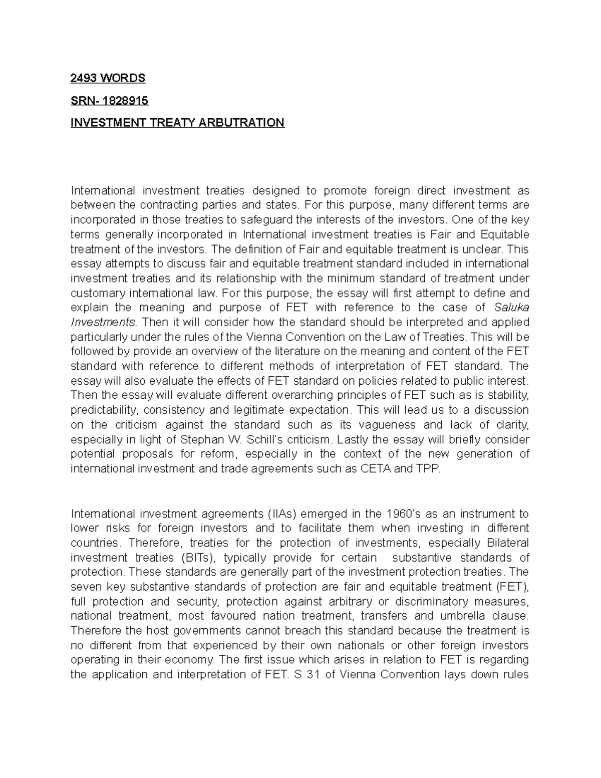 Investment Treaty Arbitration 2493 WORDS SRN 1828915 INVESTMENT