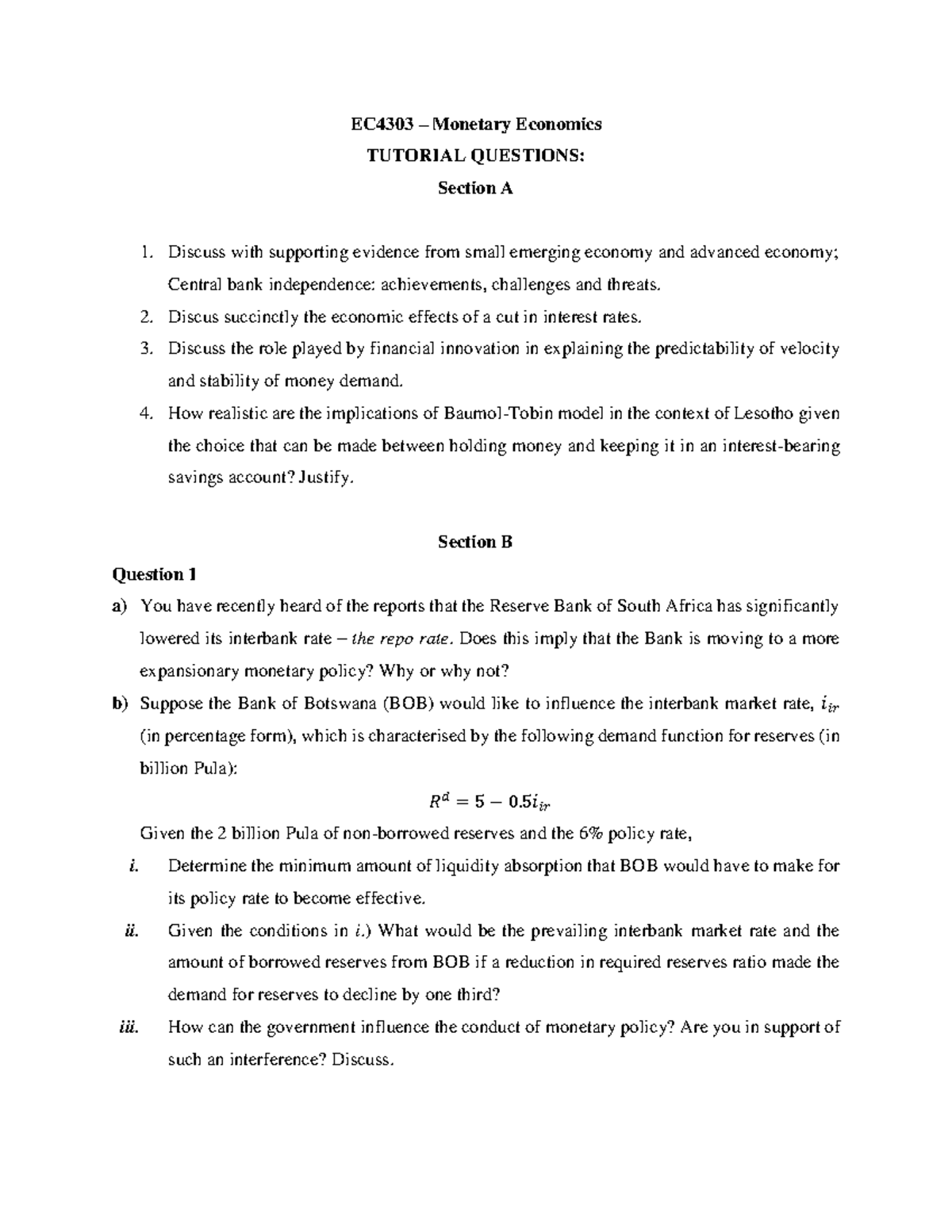 EC4303 - Tutorial Questions B 08-12-2023 - EC4303 – Monetary Economics ...