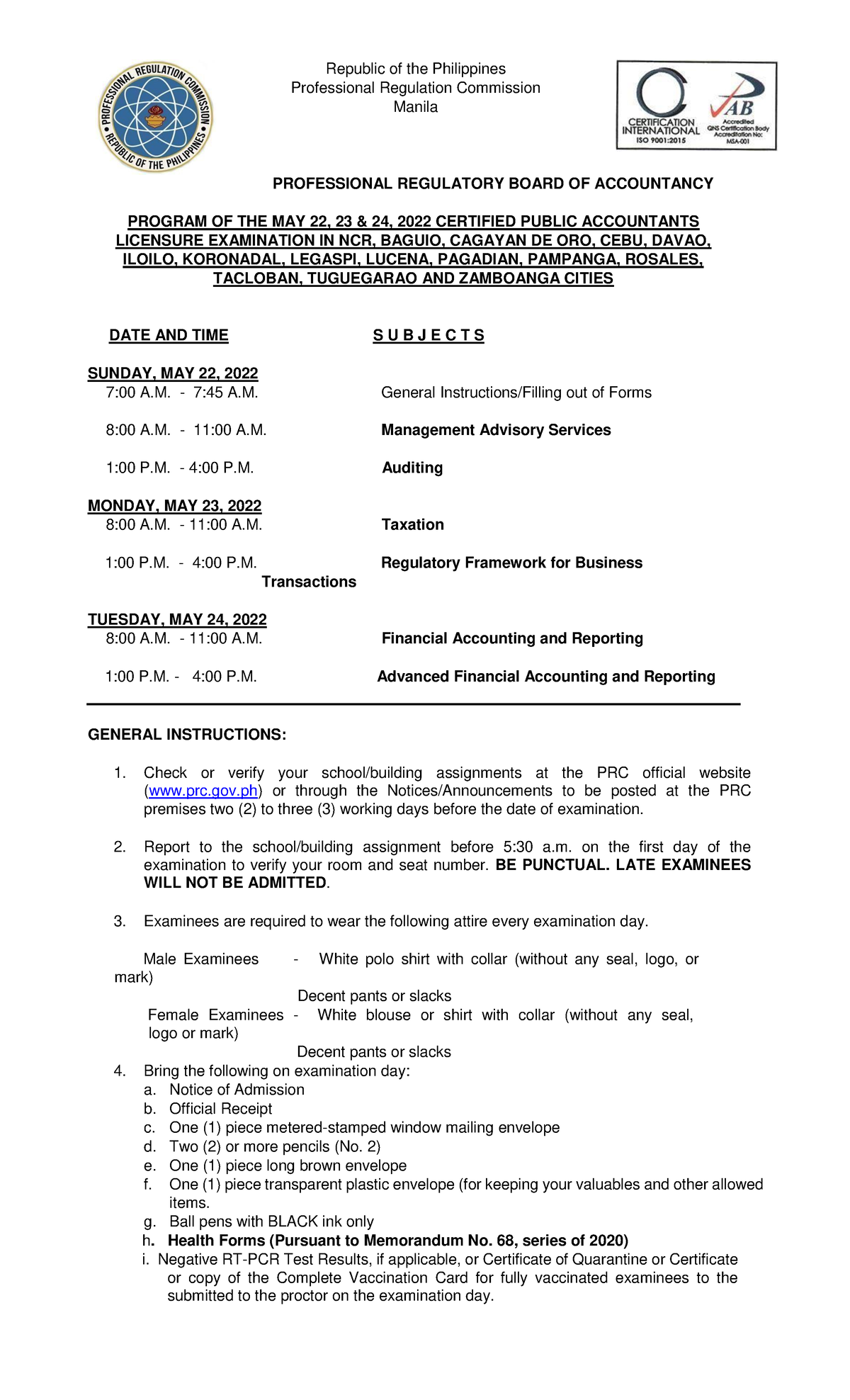 Revised Exam Program May 2022 Lecpa (accountancy) (1) - Republic Of The ...