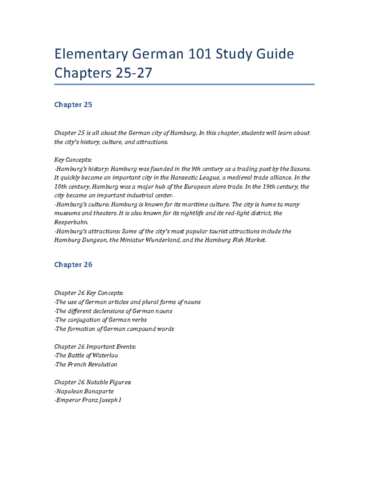 Elementary German 101 Study Guide Chapters 25-27 - Elementary German ...