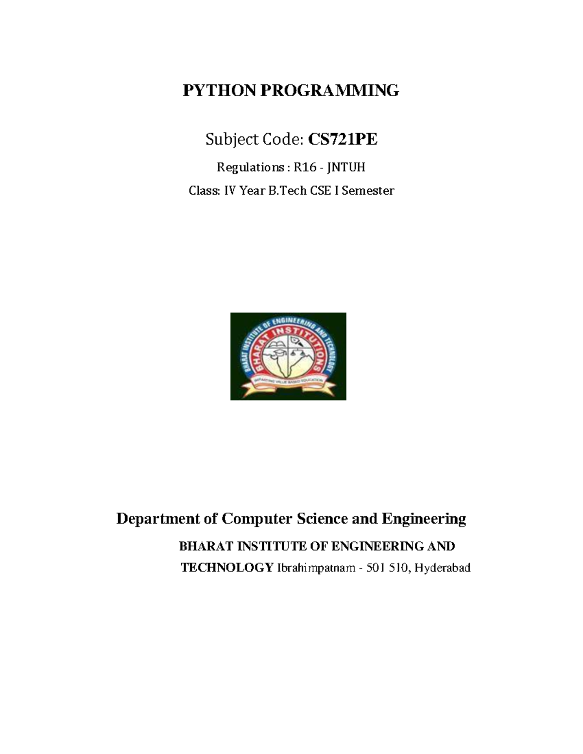 Tutorial Python Programming - PYTHON PROGRAMMING Subject Code: CS721PE ...
