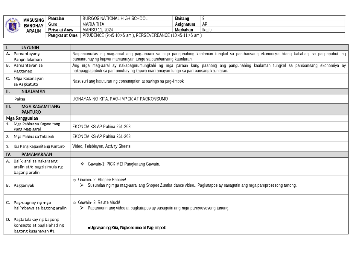 AP 9 - lesson plan in AP FOR TEACHERS - Paaralan BURGOS NATIONAL HIGH ...