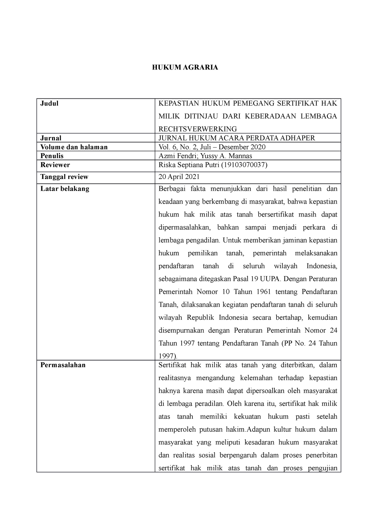 Uts Agraria - HUKUM AGRARIA Judul KEPASTIAN HUKUM PEMEGANG SERTIFIKAT ...