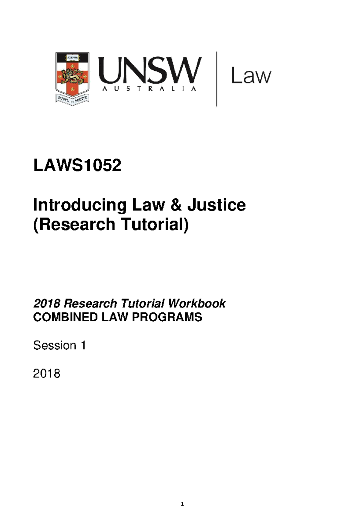 2018 Legal Research Workbook UNSW (002) - LAWS1052 Introducing Law & ...