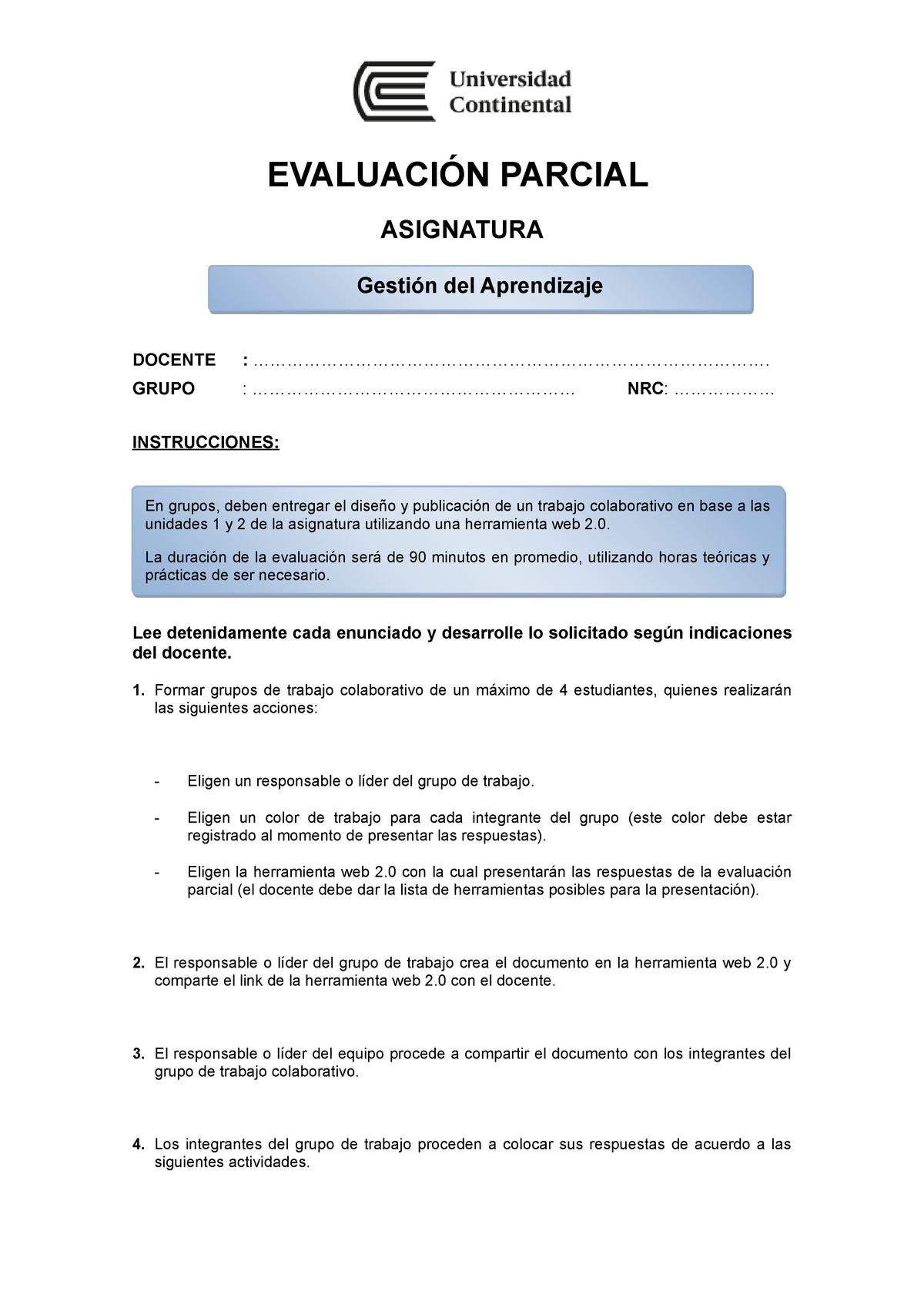 Consigna Evaluación Parcial - EVALUACIÓN PARCIAL ASIGNATURA DOCENTE ...