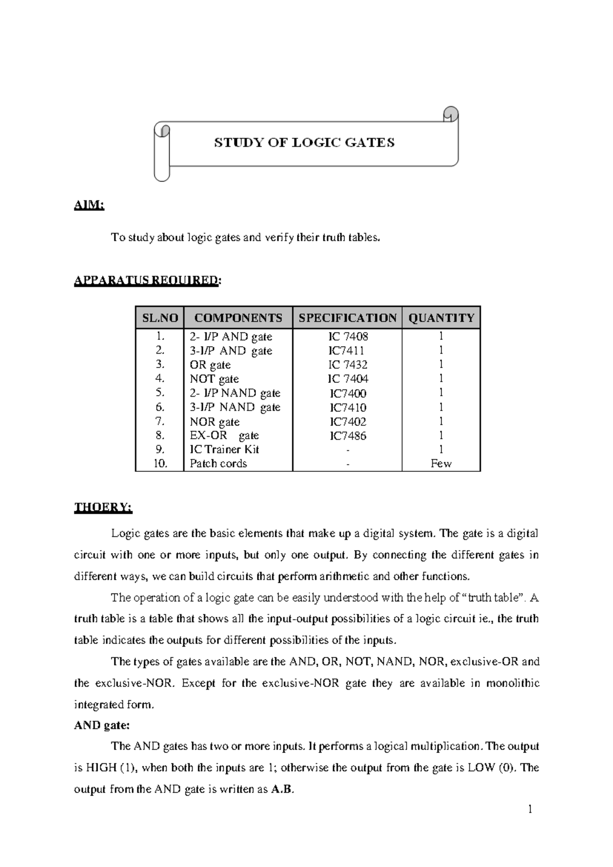 Lab Manual DPCO 2021 Regulation AIM To study about logic gates and verify their truth