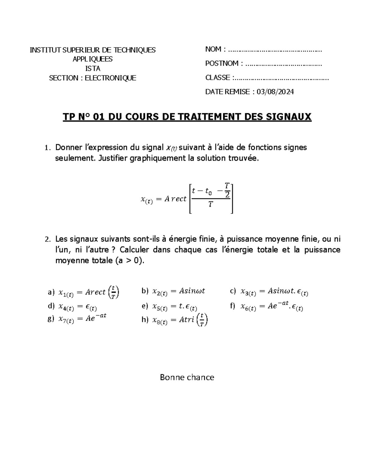 TP N1 & 2 Traitement DES Signaux - TP N° 01 DU COURS DE TRAITEMENT DES ...