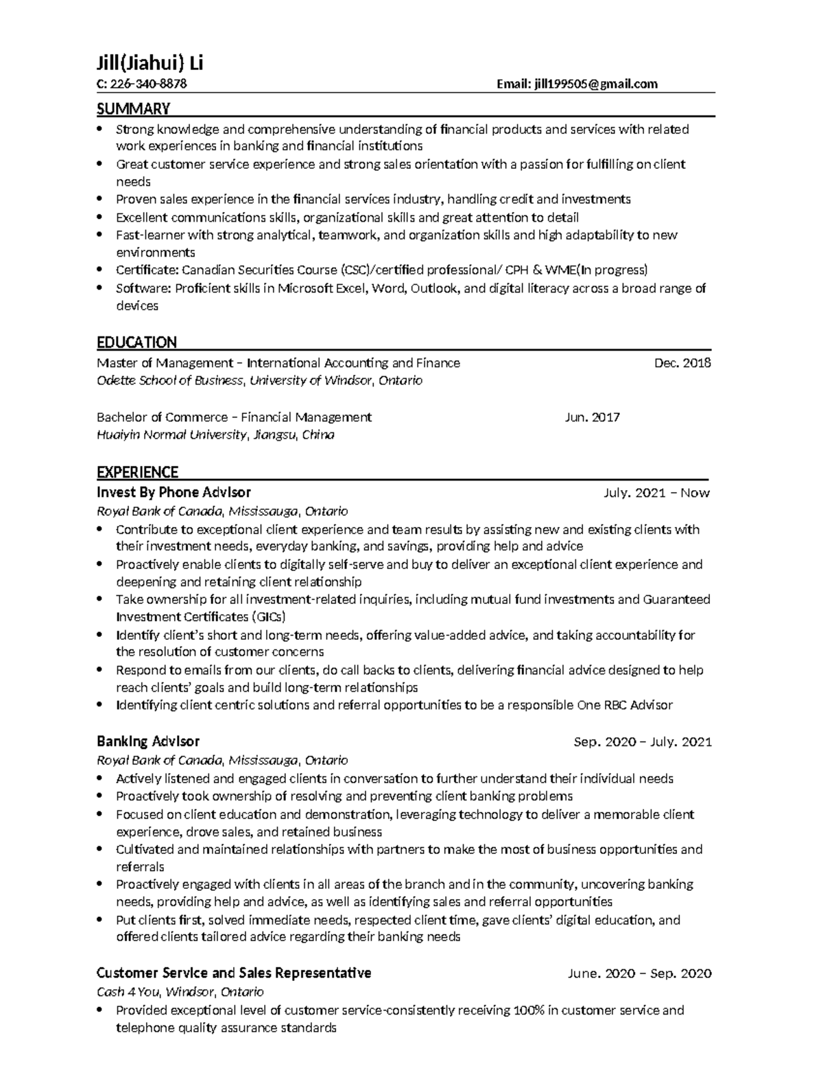 Jill Li Resume - Jill(Jiahui) Li C: 226-340-8878 Email: jill199505 ...