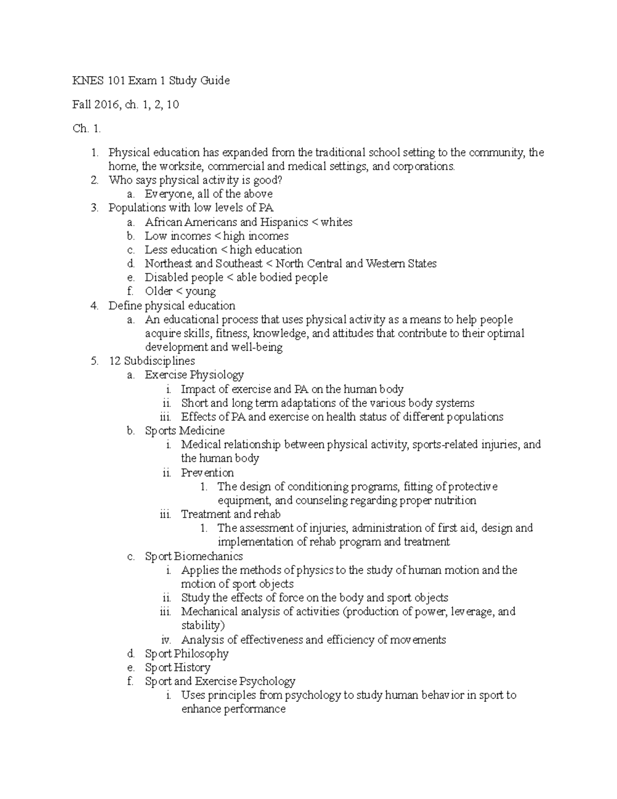 KNES 101 Exam 1 Study Guide - KNES 101 Exam 1 Study Guide Fall 2016, ch ...