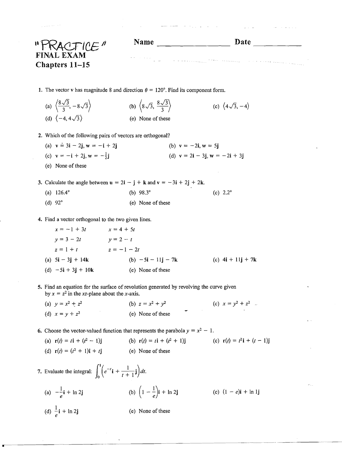 Calculus 3 Practice Materials Final MAT253 - 