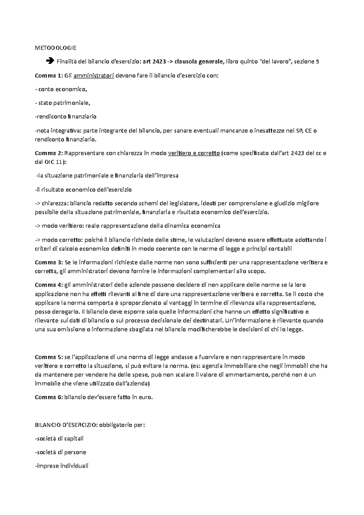 Appunti metodologie - METODOLOGIE Finalità del bilancio d’esercizio ...