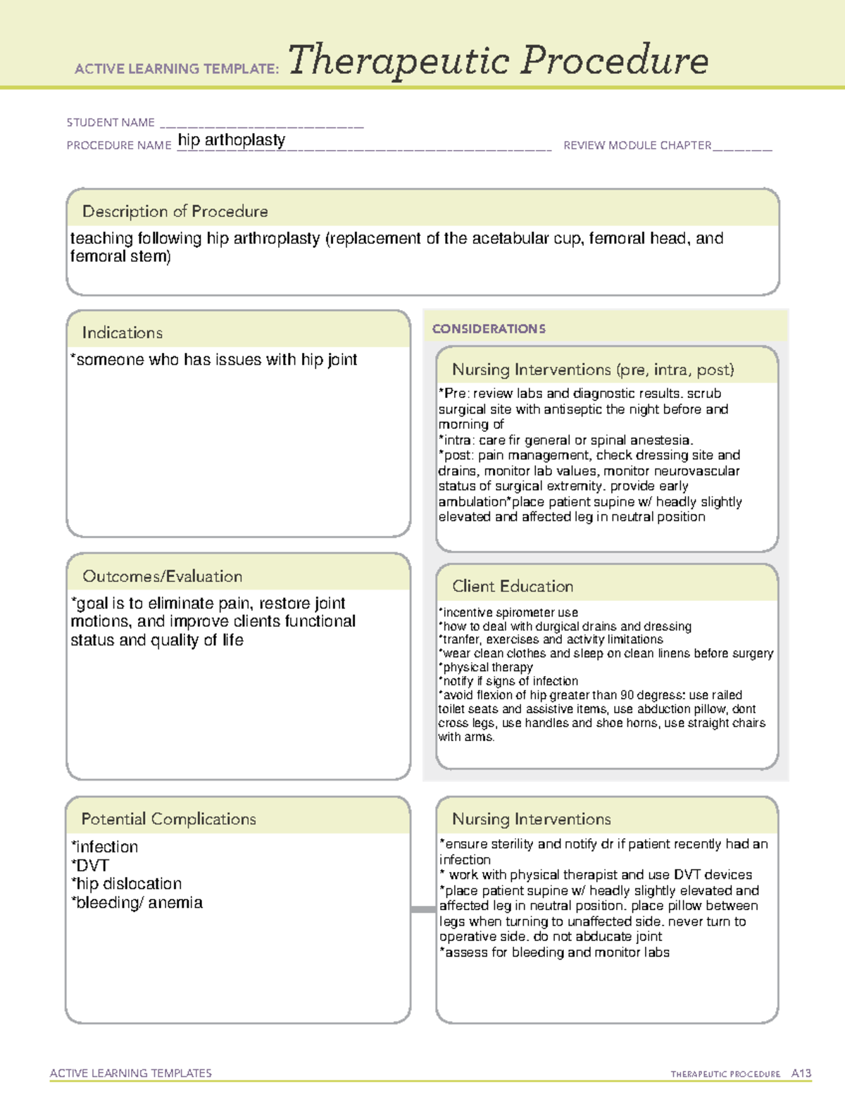 Hip arthoplasty ALT ACTIVE LEARNING TEMPLATES TherapeuTic procedure
