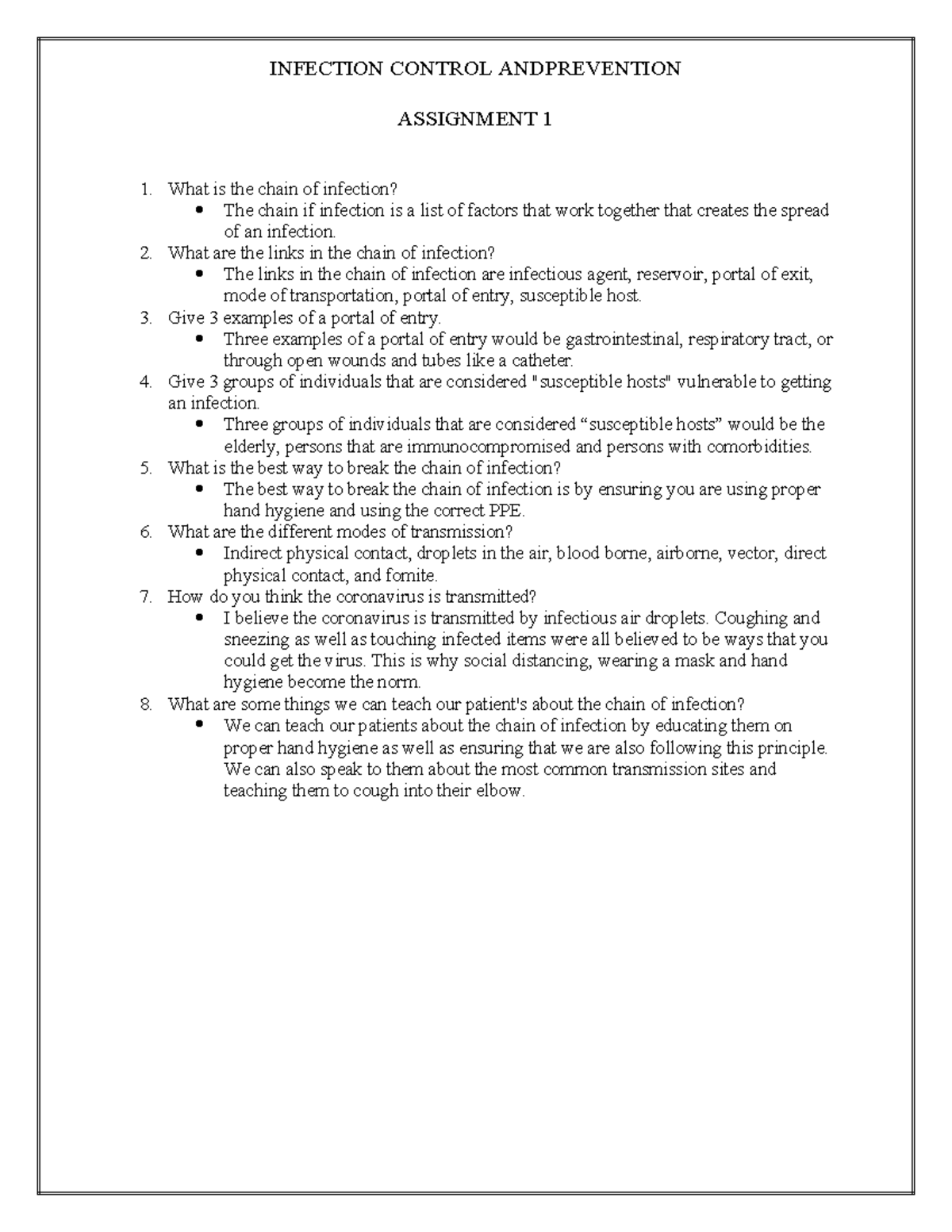 Chain Of Infection Assignment 1 INFECTION CONTROL ANDPREVENTION