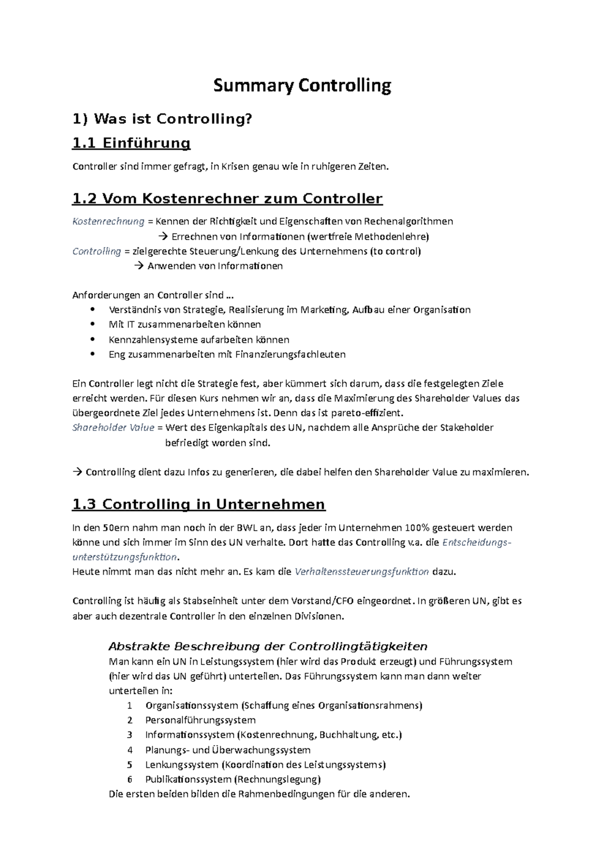 Controlling Zusammenfassung - Summary Controlling 1) Was ist ...