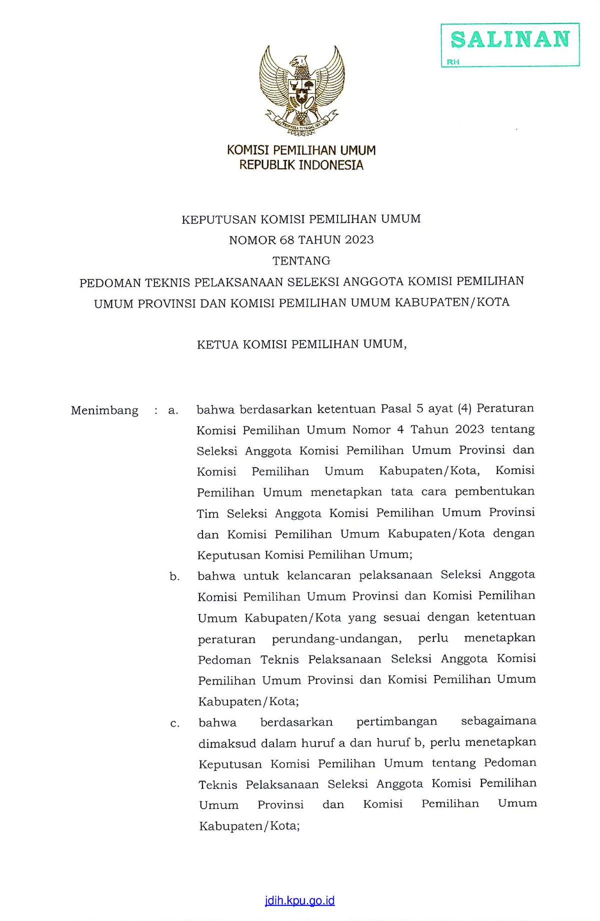 Keputusan KPU No 68 Tahun 2023 Tentang Pedoman Teknis Pelaksanaan ...