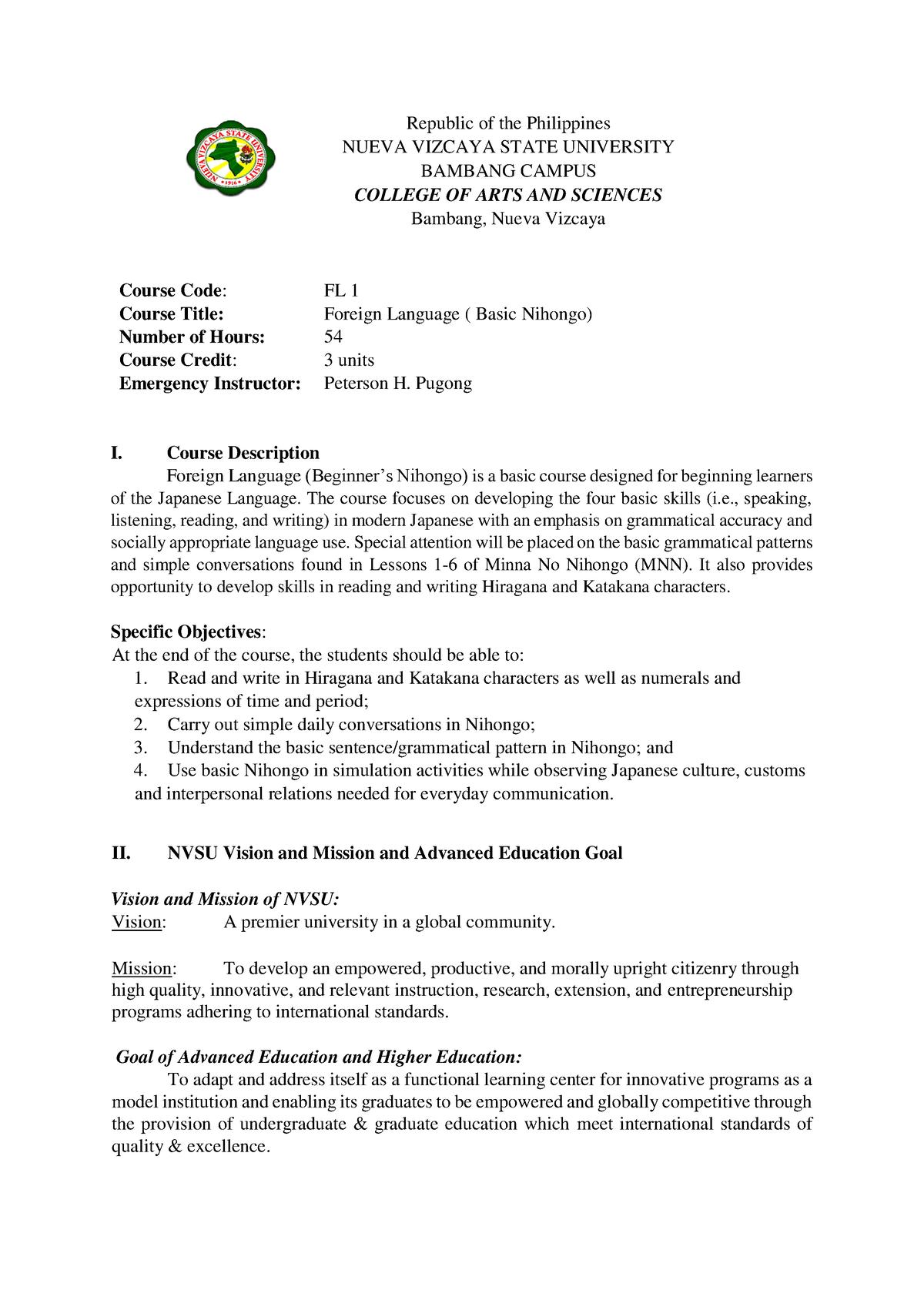 Course Syllabus Foreign Language Nihongo - Republic of the Philippines ...