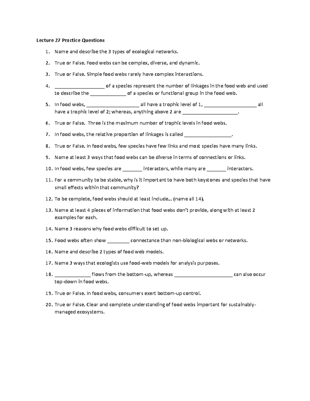 ecology 2060 Sample/practice exam, questions - Lecture 27 Practice ...