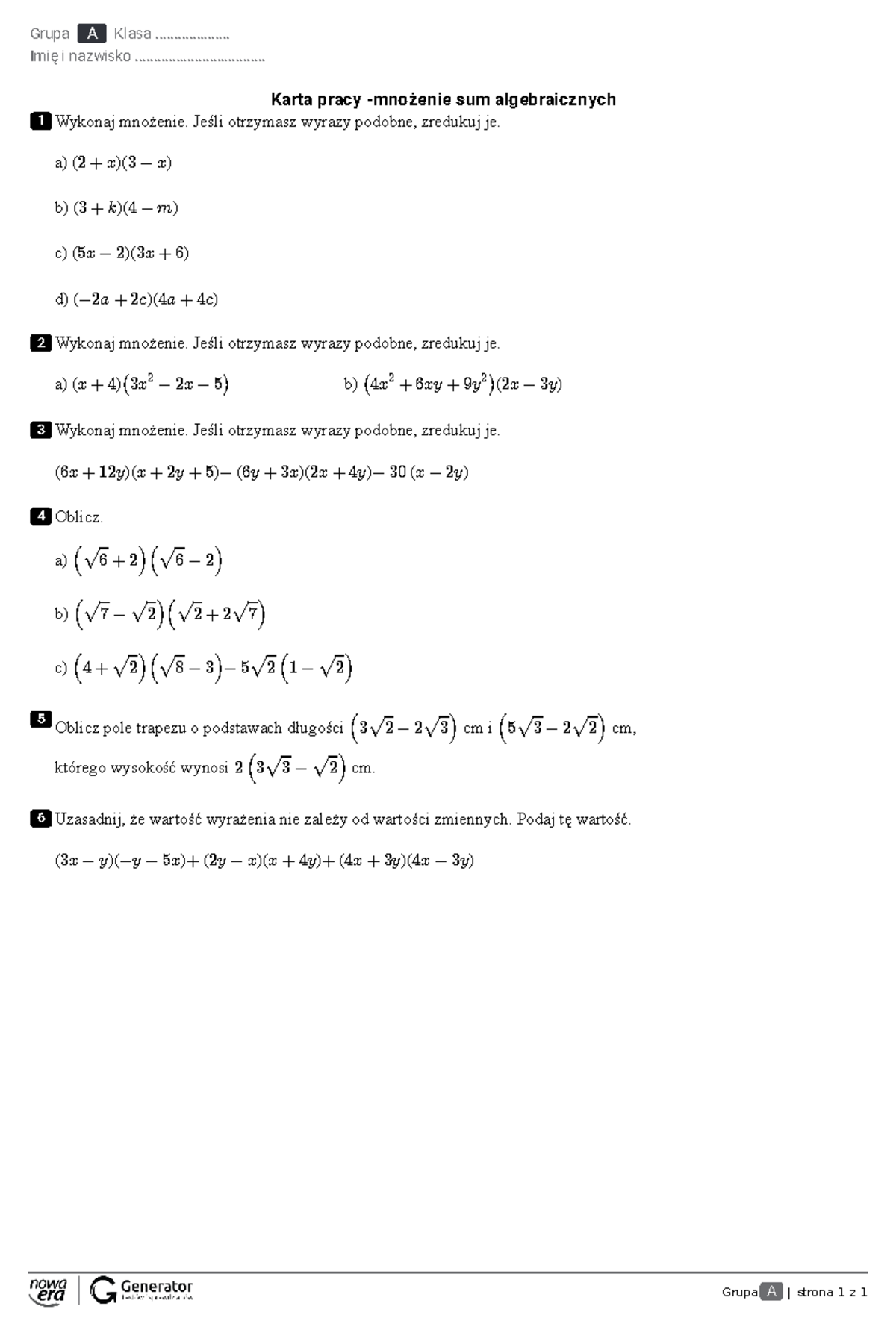 Karta pracy klasa 8 mnozenie sum algebraicznych 1 - Grupa A | strona 1