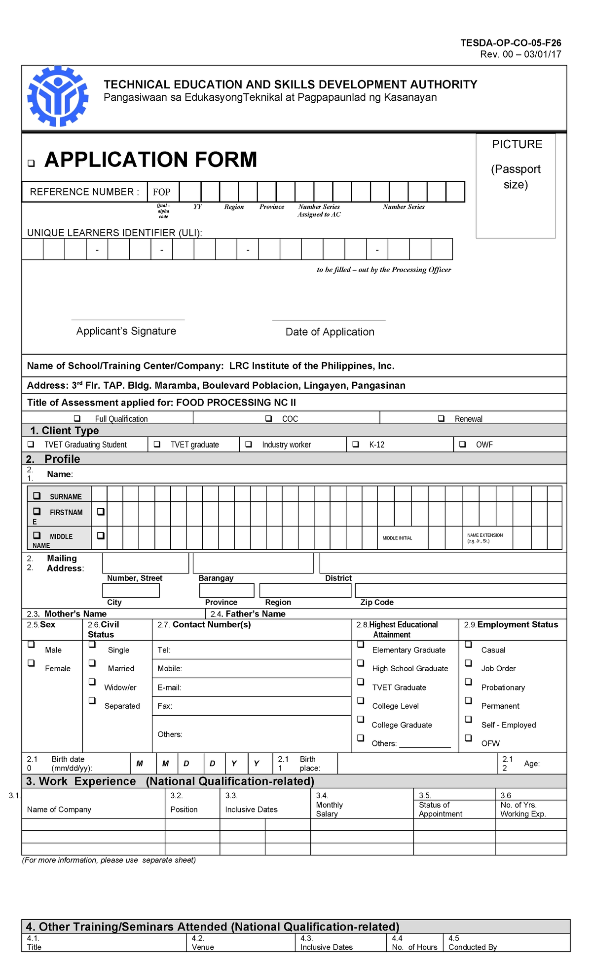 Application-Form-FOP - TESDA-OP-CO-05-F Rev. 00 – 03/01/ TECHNICAL ...
