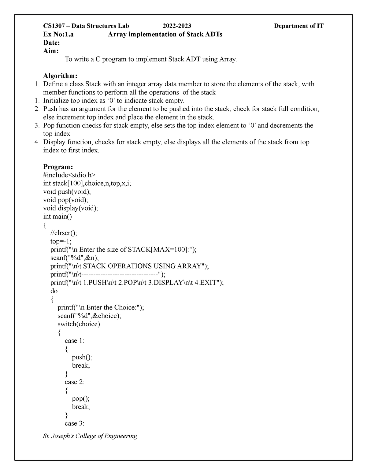 CS1307-DS Lab Manual -Final - Ex No:1 Array Implementation Of Stack ...