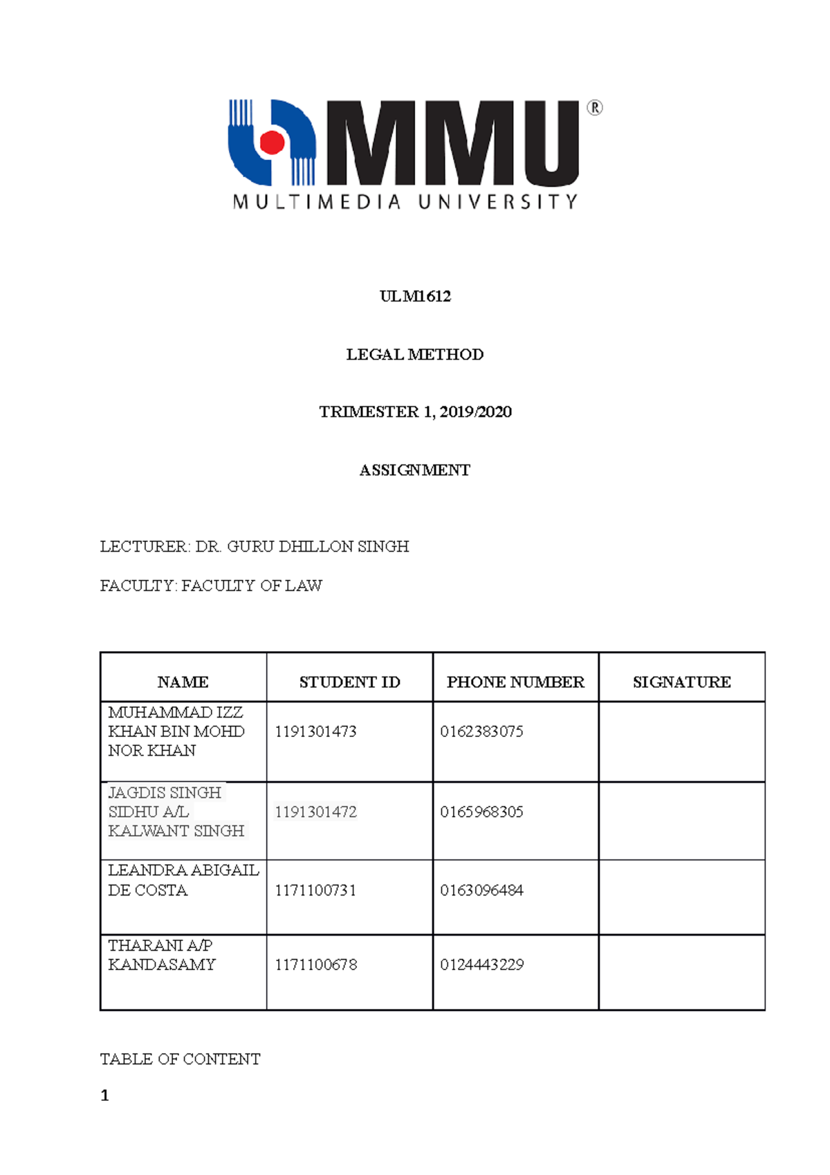 LM assignment - ULM LEGAL METHOD TRIMESTER 1, 2019/ ASSIGNMENT LECTURER ...