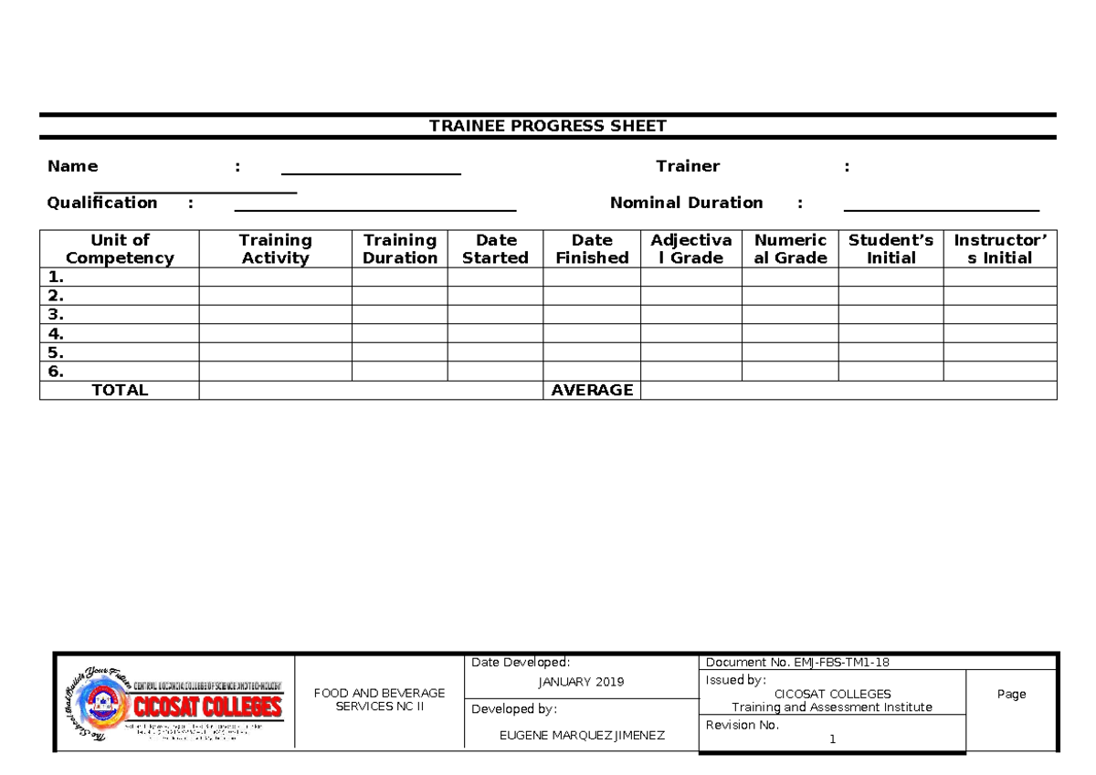 SWBL Trainee Progress Sheet - TRAINEE PROGRESS SHEET Name ...