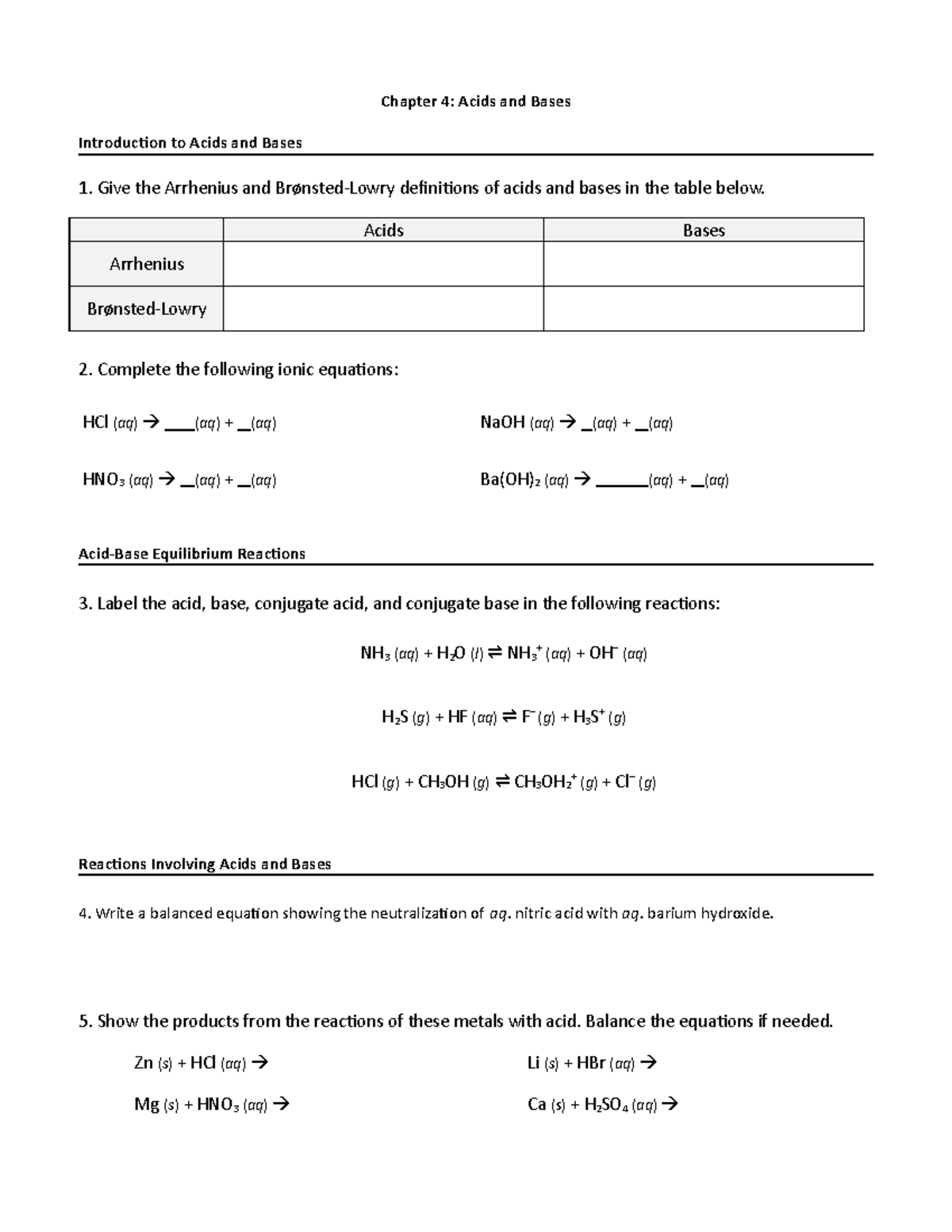 Acid Base Extra Practice - Chapter 4: Acids and Bases Introduction to ...