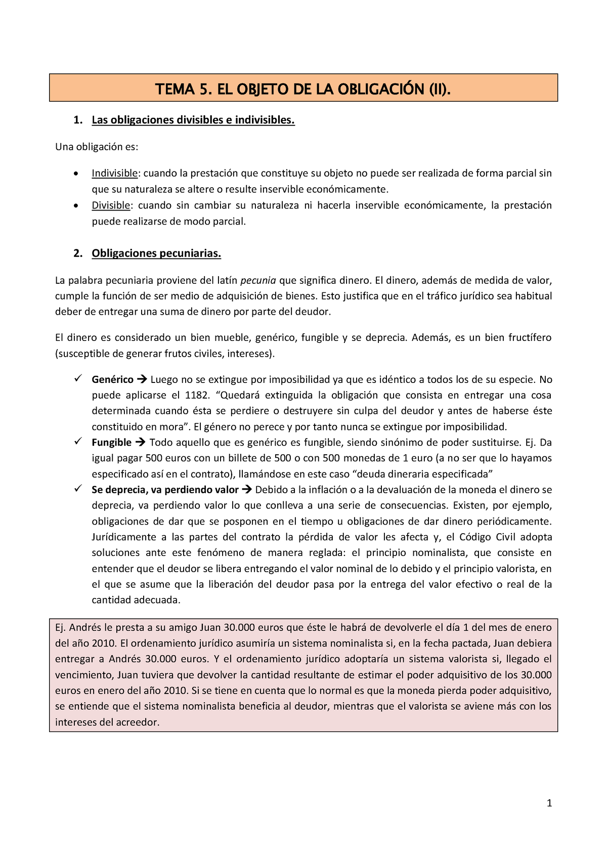 T5 Obligaciones - Tema 5 - TEMA 5. EL OBJETO DE LA OBLIGACI”N (II). 1 ...