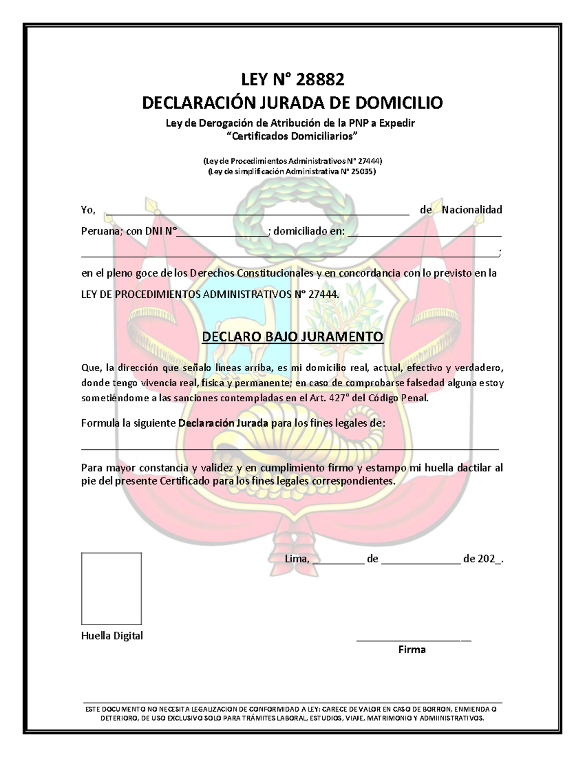 2 Declaracion Jurada De Domicilio (1) - LEY N∞ 28882 DECLARACI”N JURADA ...