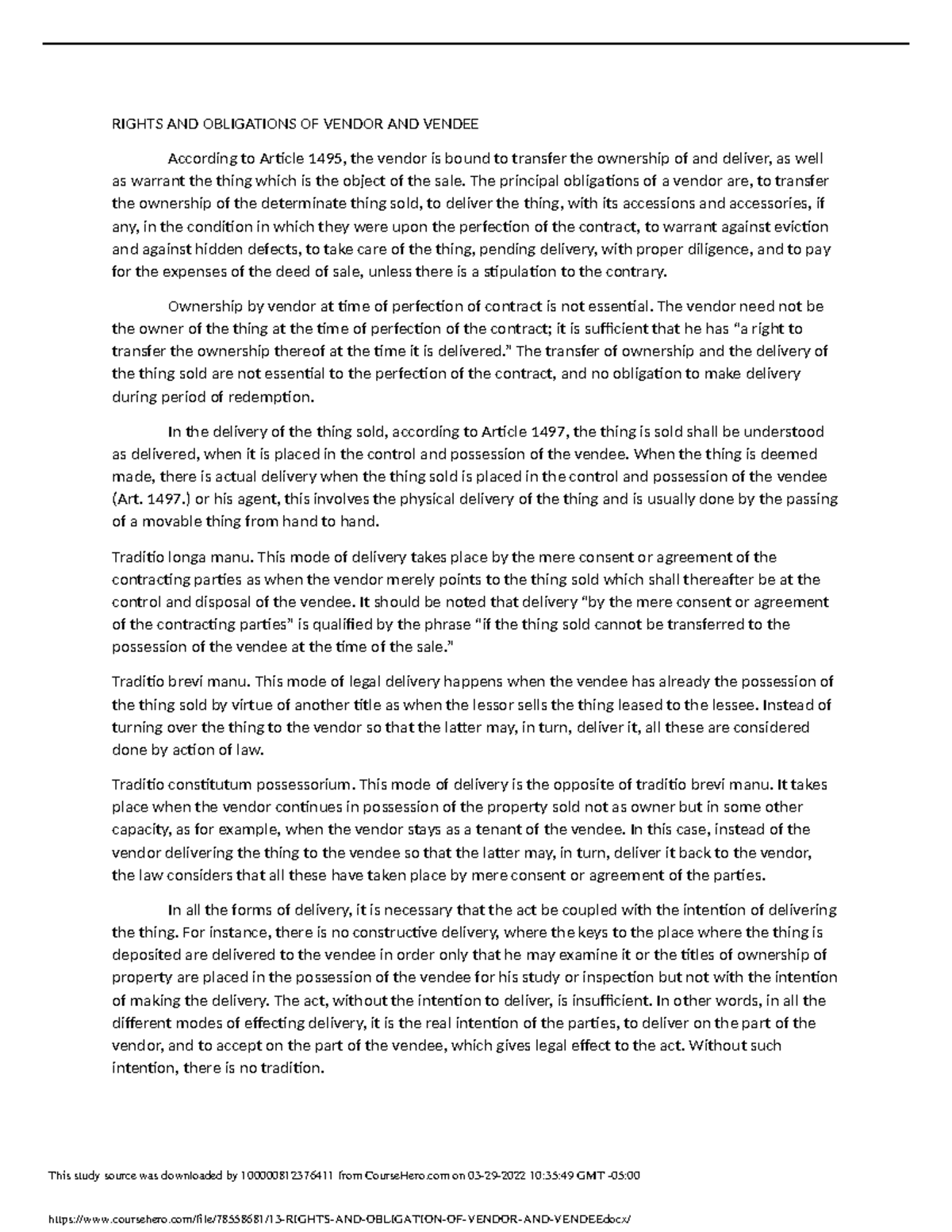 1 RIGHTS AND OBLIGATIONS OF VENDOR AND VENDEE RIGHTS AND