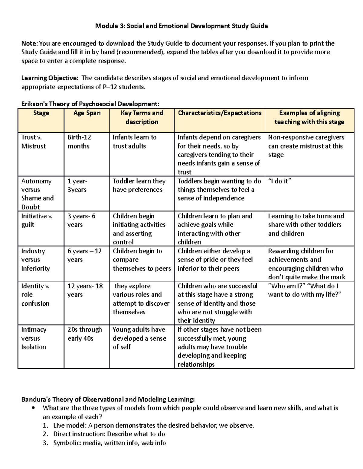 Module 3 study guide - Module 3: Social and Emotional Development Study ...