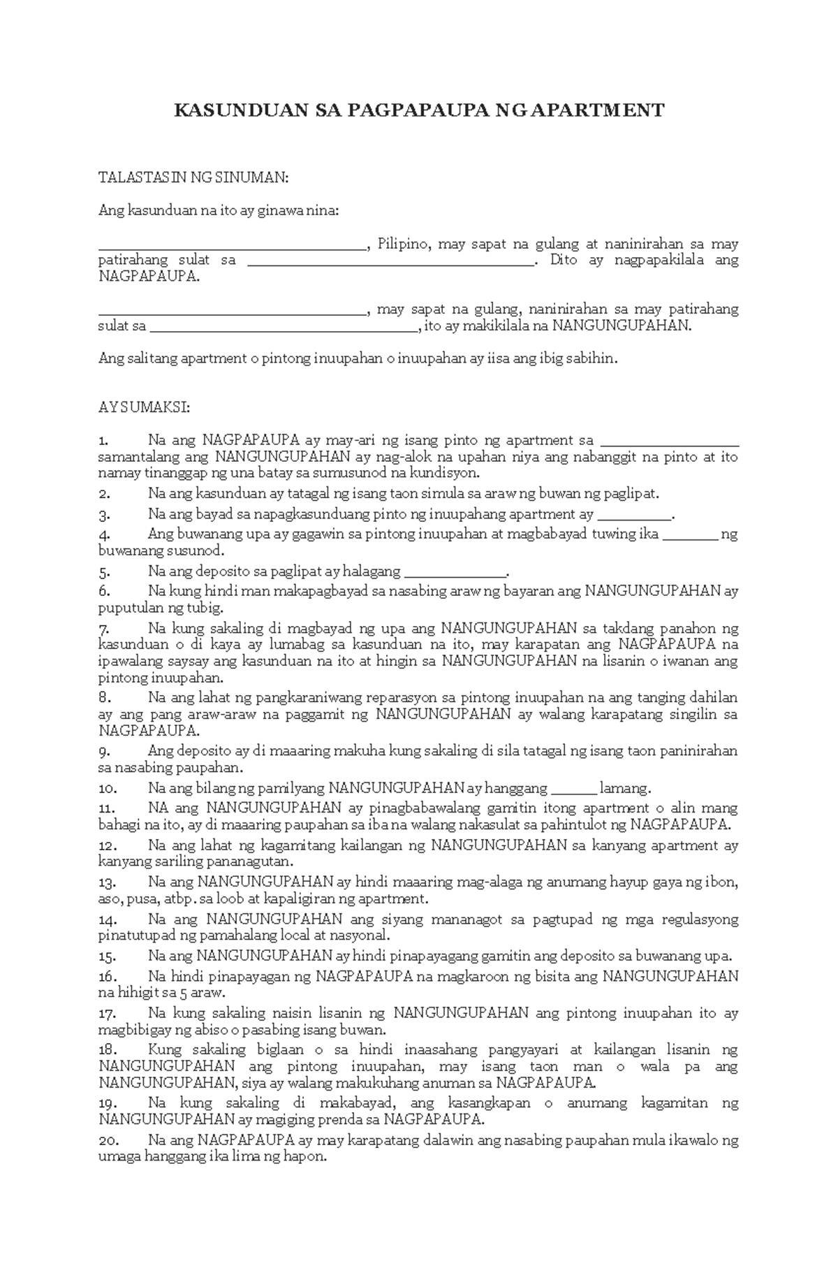 Lease Agreement Tagalog KASUNDUAN SA PAGPAPAUPA NG APARTMENT 