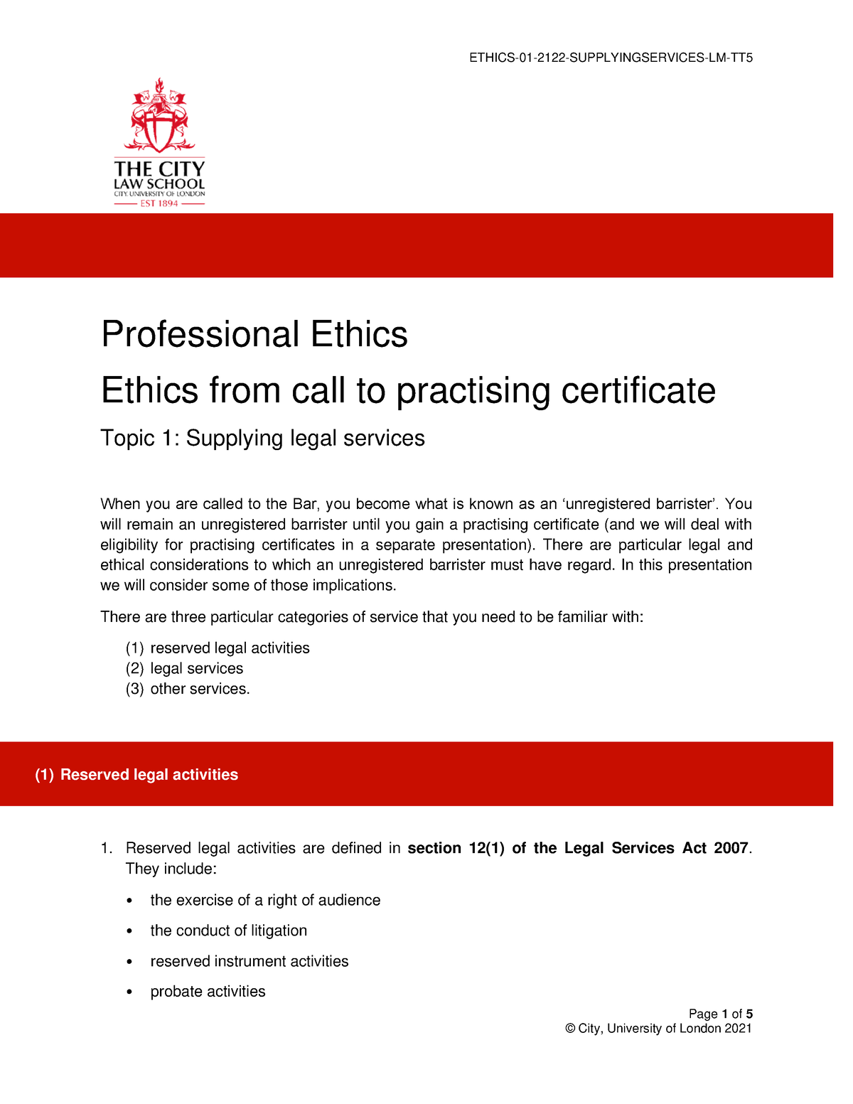 Topic 1- supplying legal services - Page 1 of 5 Professional Ethics ...