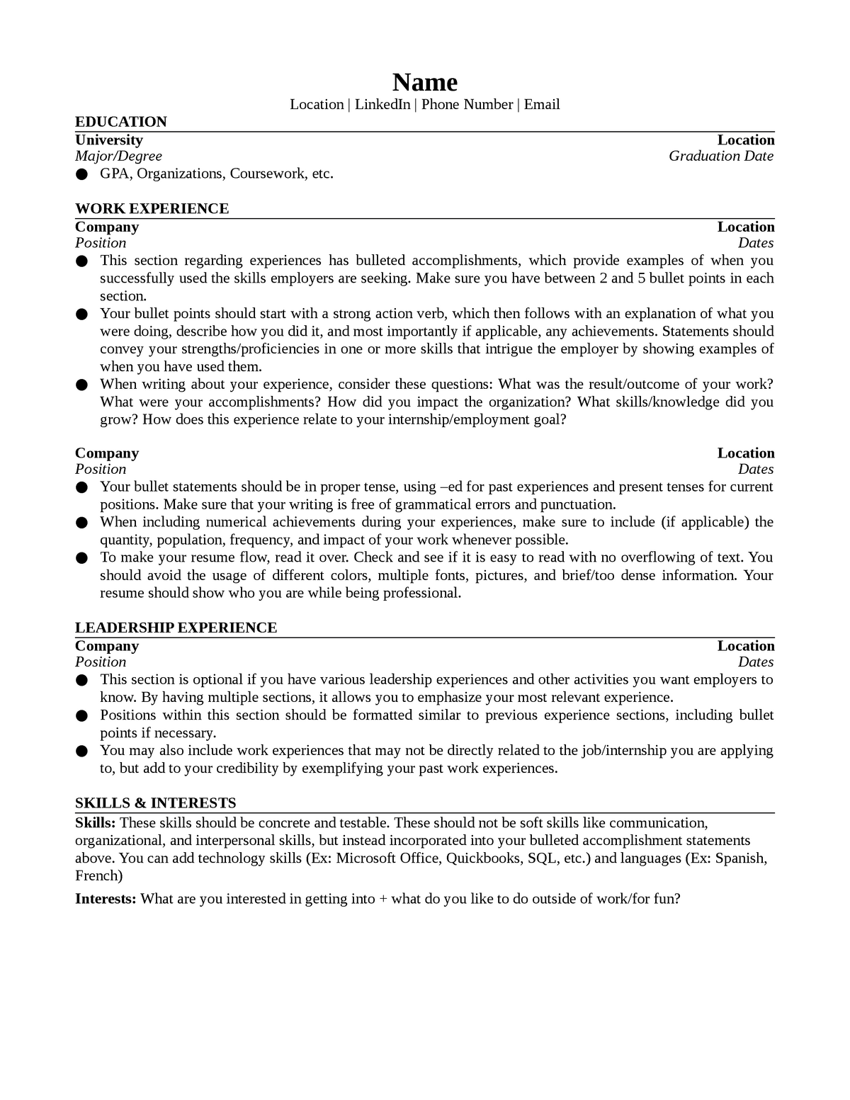 Wonsulting Resume Template Career Example Name Location LinkedIn