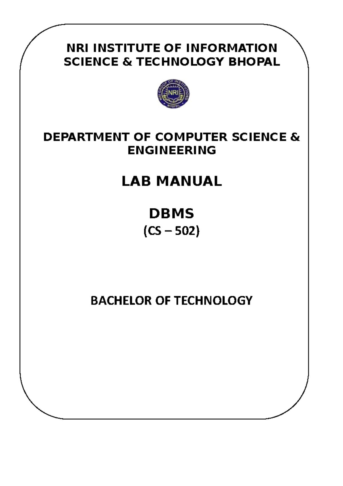 Dbms lab manual NRI INSTITUTE OF INFORMATION SCIENCE & TECHNOLOGY