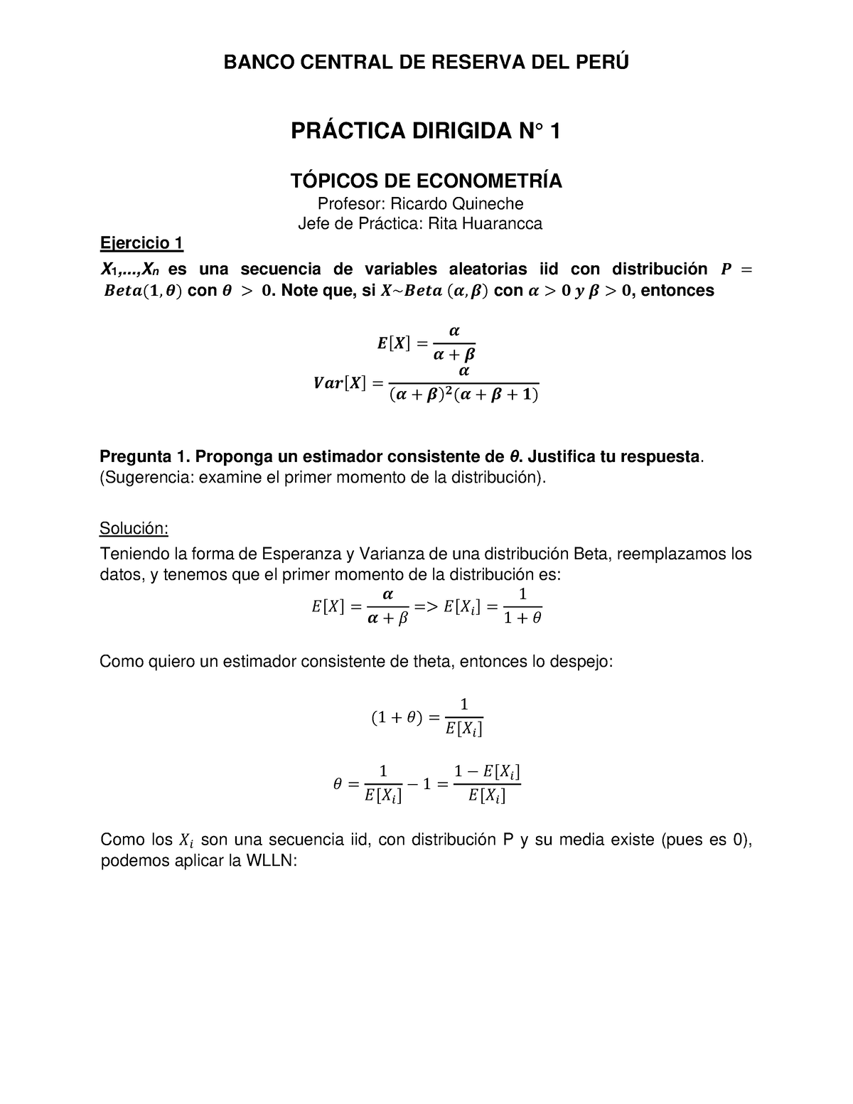 PD1-Tópicos De Econometria Solución - PRÁCTICA DIRIGIDA N° 1 TÓPICOS DE ...