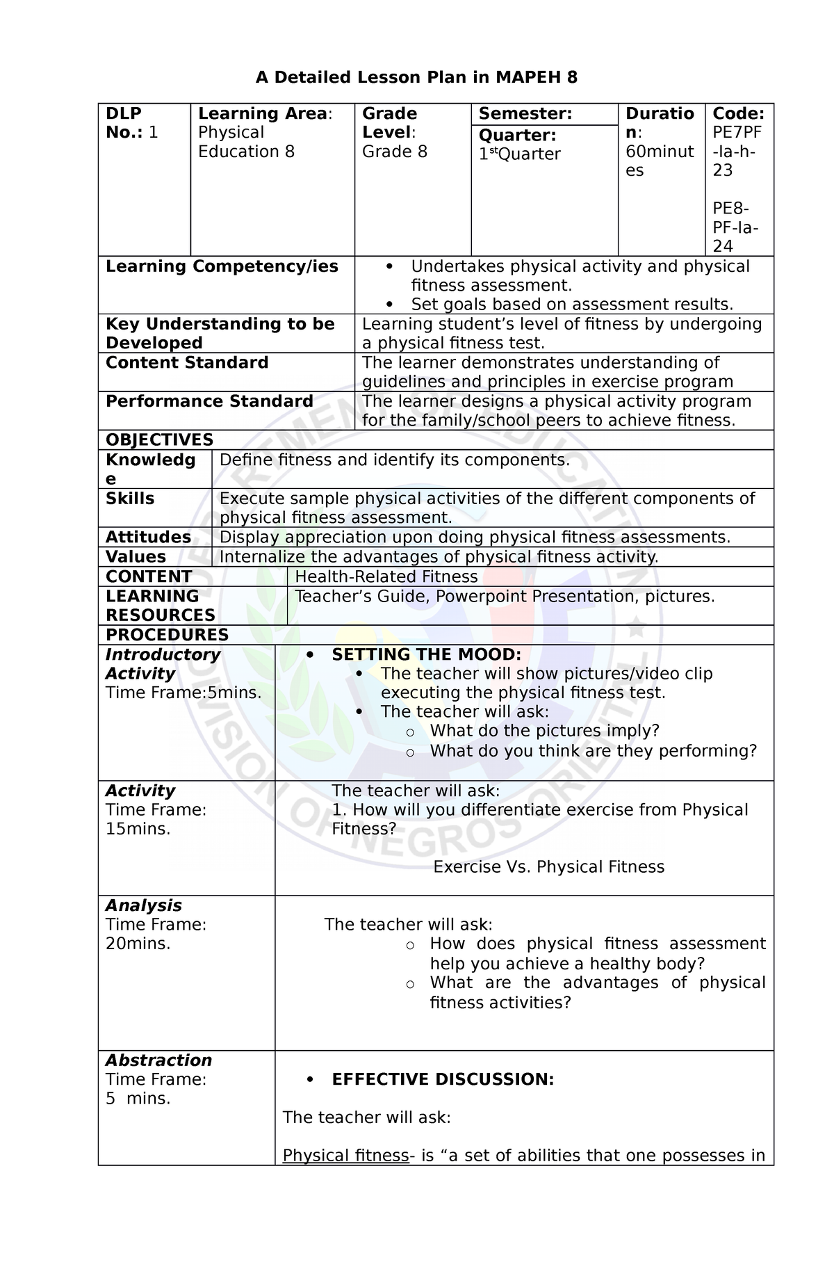 PE8 Q1 DLP1 - SWDEFDG - A Detailed Lesson Plan In MAPEH 8 DLP No.: 1 ...